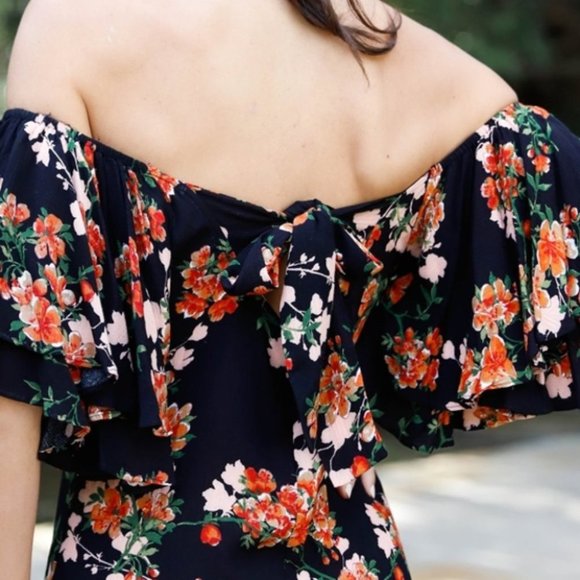 Floral Print Off-The-Shoulder Flare Sleeve Back Tie Detail Wide Leg Jumpsuit - Picture 4 of 6